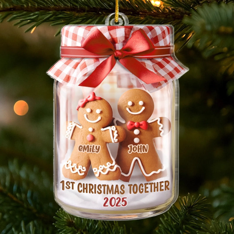 Custom First Christmas Acrylic Ornament - Personalized Anniversary Christmas Wedding Gifts For Husband And Wife, Him And Her - Gingerbread Hearts Together