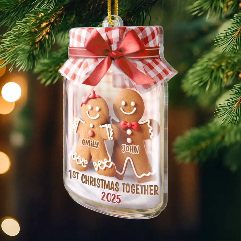 Custom First Christmas Acrylic Ornament - Personalized Anniversary Christmas Wedding Gifts For Husband And Wife, Him And Her - Gingerbread Hearts Together