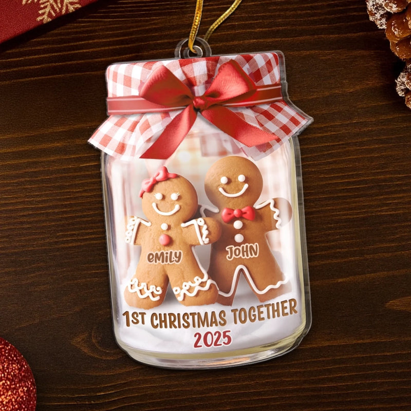 Custom First Christmas Acrylic Ornament - Personalized Anniversary Christmas Wedding Gifts For Husband And Wife, Him And Her - Gingerbread Hearts Together