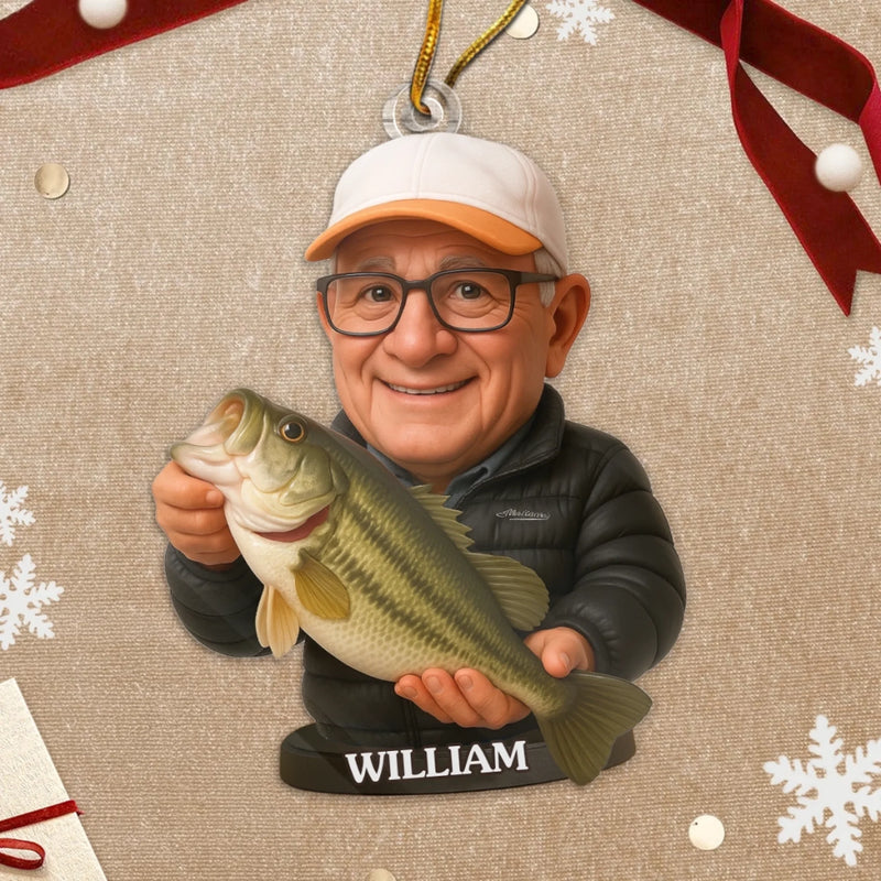 Custom Photo Acrylic Ornament - Personalized Christmas Birthday Fishing Gifts For Dad, Grandpa, Fisherman - Hooked On Happiness