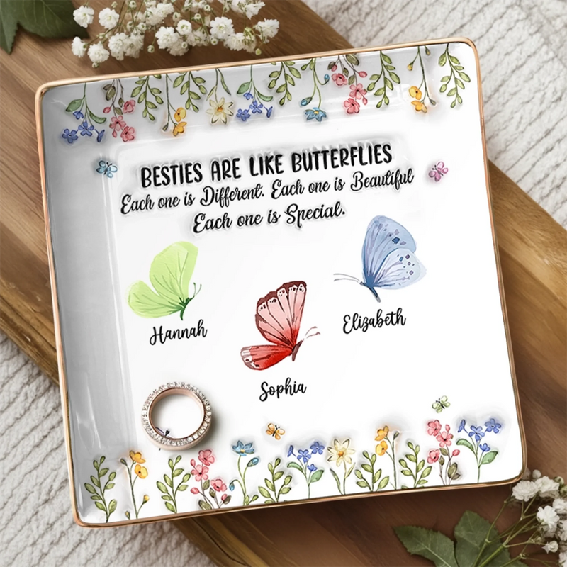 Custom Butterfly Full-Print Jewelry Dish - Personalized Best Friend Birthday Gifts For Women, Besties, Sisters, BFF  - Friends Are Flowers That Never Fade