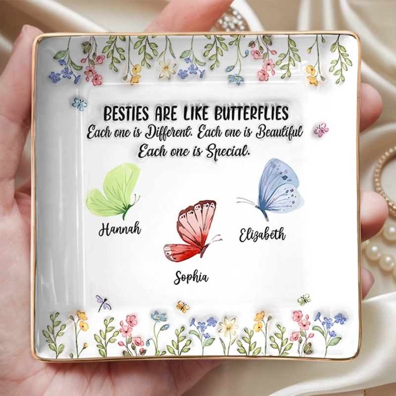 Custom Butterfly Full-Print Jewelry Dish - Personalized Best Friend Birthday Gifts For Women, Besties, Sisters, BFF  - Friends Are Flowers That Never Fade