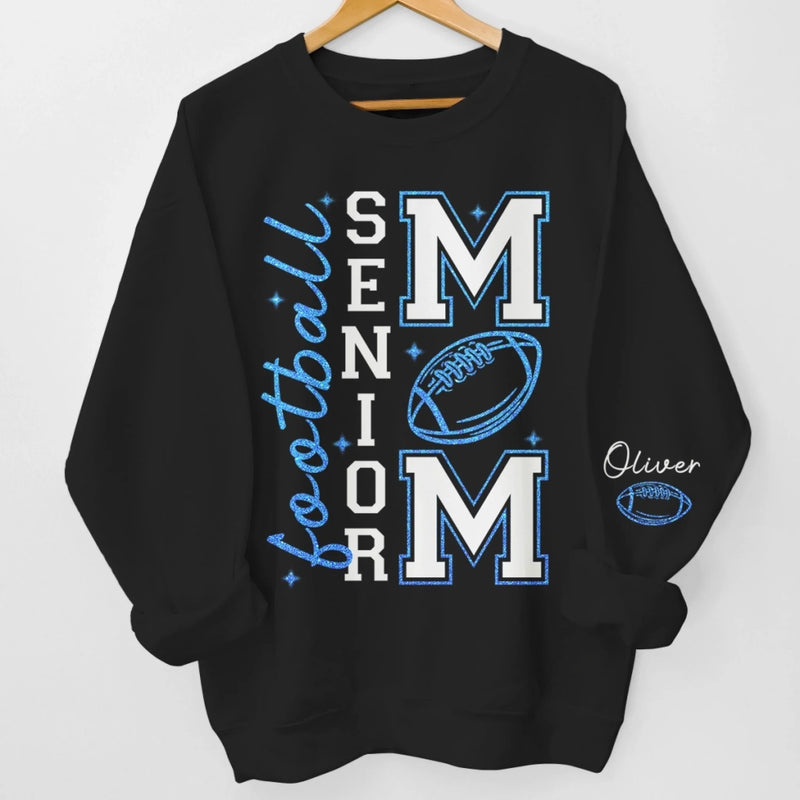 Custom Football Mom Unisex Sweatshirt, Hoodie With Design On Sleeve Personalized Birthday Football Gifts For Mom, Football Lovers, NFL Fans, Sport Lovers - Triumphant Senior Football Mama with Kid Name