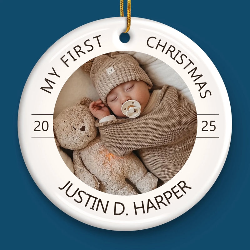Custom Photo Baby First Christmas Ceramic Ornament - Personalized Christmas Baby Shower, Gifts For New Moms, New Dads, New Parents - Joy Begins With A First Christmas