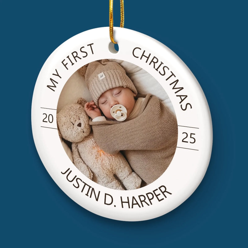 Custom Photo Baby First Christmas Ceramic Ornament - Personalized Christmas Baby Shower, Gifts For New Moms, New Dads, New Parents - Joy Begins With A First Christmas