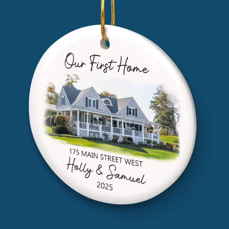 Custom Photo First Christmas In New Home Ceramic Ornament - Personalized Anniversary Christmas Wedding Gifts For Husband And Wife, Him And Her, New Homeowners, Couples, Friends - Love Lives In Our New Home