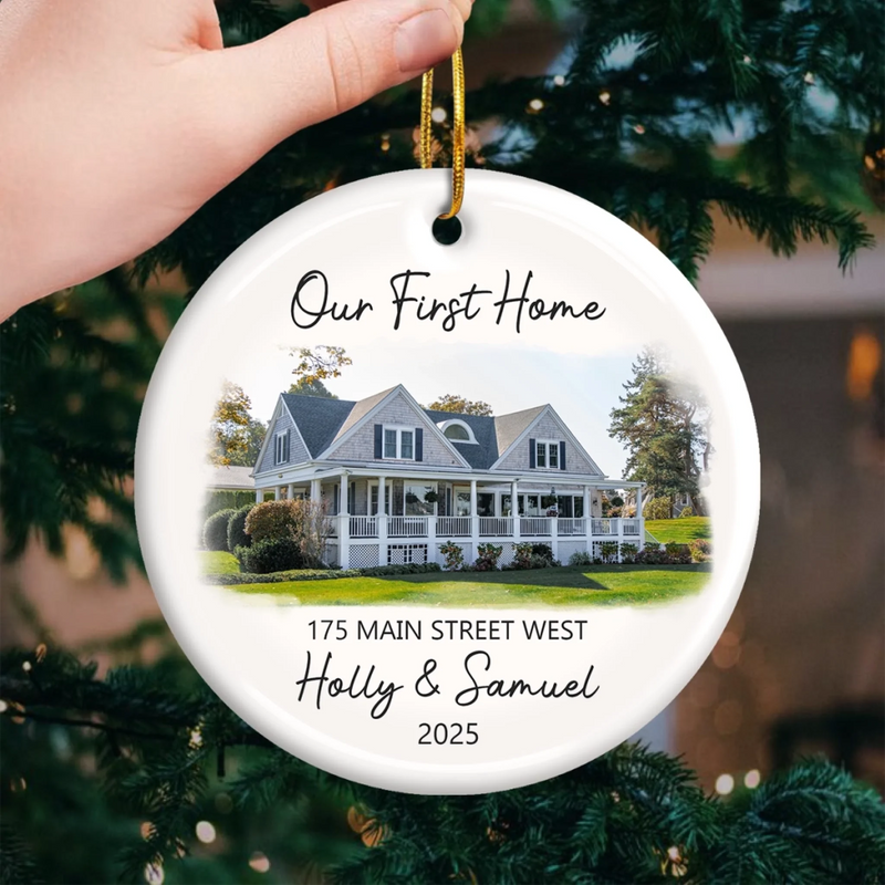 Custom Photo First Christmas In New Home Ceramic Ornament - Personalized Anniversary Christmas Wedding Gifts For Husband And Wife, Him And Her, New Homeowners, Couples, Friends - Love Lives In Our New Home