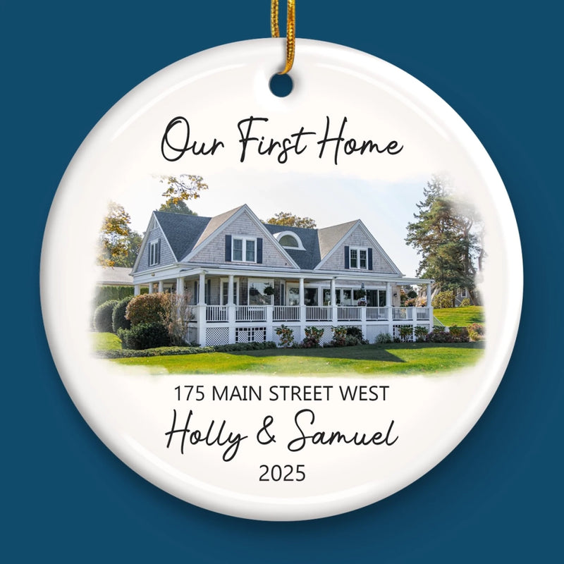 Custom Photo First Christmas In New Home Ceramic Ornament - Personalized Anniversary Christmas Wedding Gifts For Husband And Wife, Him And Her, New Homeowners, Couples, Friends - Love Lives In Our New Home