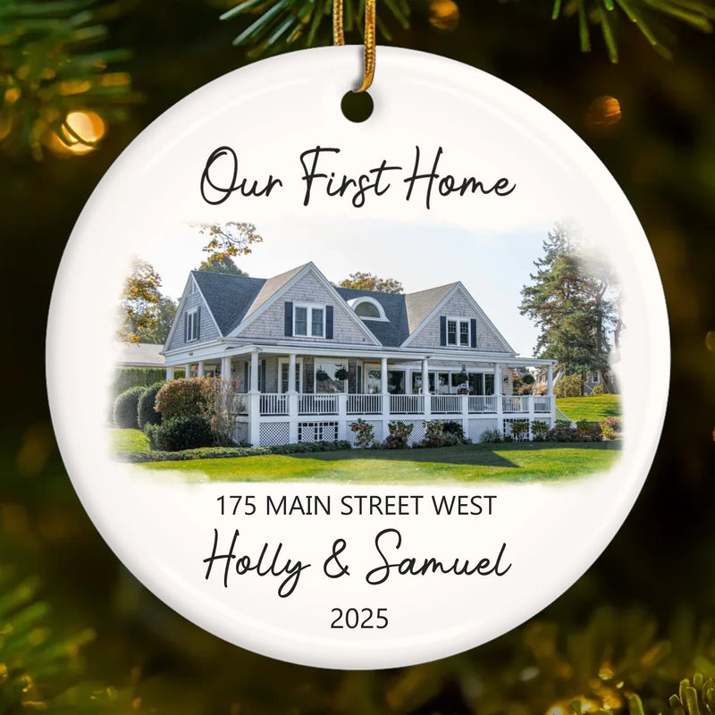 Custom Photo First Christmas In New Home Ceramic Ornament - Personalized Anniversary Christmas Wedding Gifts For Husband And Wife, Him And Her, New Homeowners, Couples, Friends - Love Lives In Our New Home