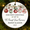 Custom First Christmas In New Home Ceramic Ornament - Personalized Anniversary Christmas Wedding Gifts For Husband And Wife, Him And Her, New Homeowners, Couples, Friends - Our Story Begins At Home
