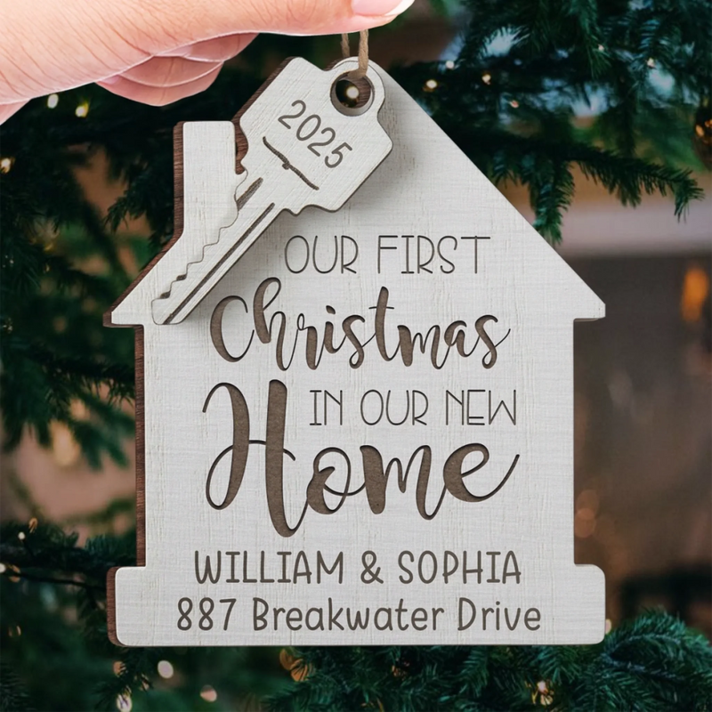 Custom First Christmas In New Home Wood Ornament - Personalized Anniversary Christmas Wedding Gifts For Husband And Wife, Him And Her, New Homeowners, Couples, Friends - Our Story Begins Here
