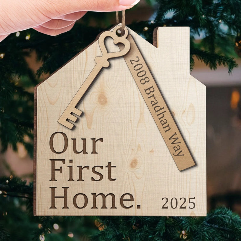 Custom First Christmas In New Home Wood Ornament - Personalized Anniversary Christmas Wedding Gifts For Husband And Wife, Him And Her, New Homeowners, Couples, Friends - Our First Home Journey Begins