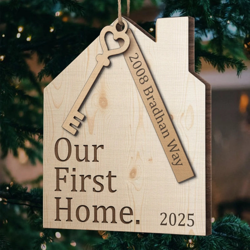 Custom First Christmas In New Home Wood Ornament - Personalized Anniversary Christmas Wedding Gifts For Husband And Wife, Him And Her, New Homeowners, Couples, Friends - Our First Home Journey Begins