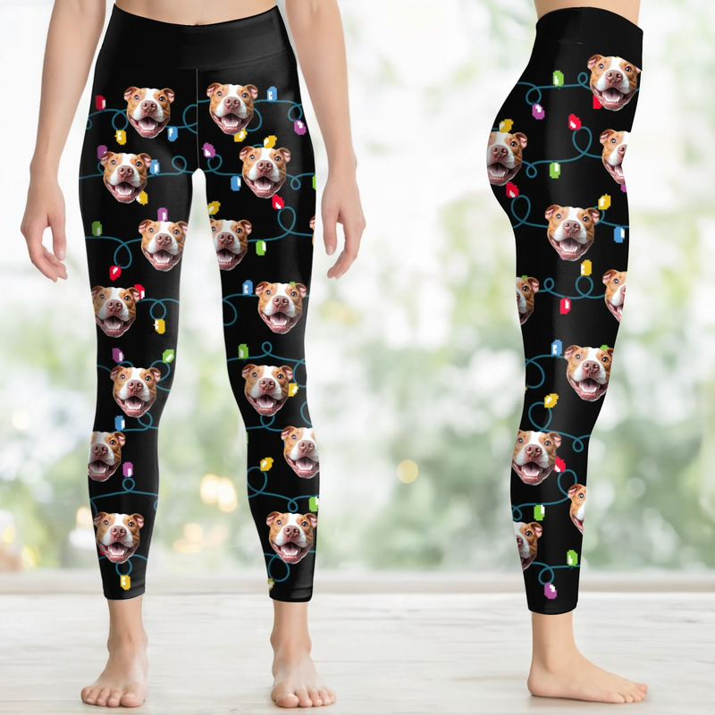 Custom Photo Women Leggings - Personalized  Christmas Birthday Gifts For Dog Cat Lovers, Dog Dad And Mom, Cat Owners - Festive Fur Baby Glow
