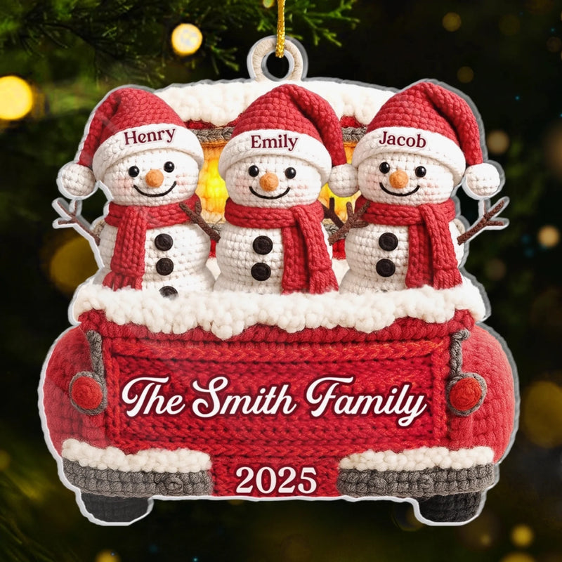 Custom Crochet Snowman Acrylic Ornament - Personalized Christmas Birthday Gifts For Mom, Dad, Brother, Sister, Kids - Our Family Our Treasure