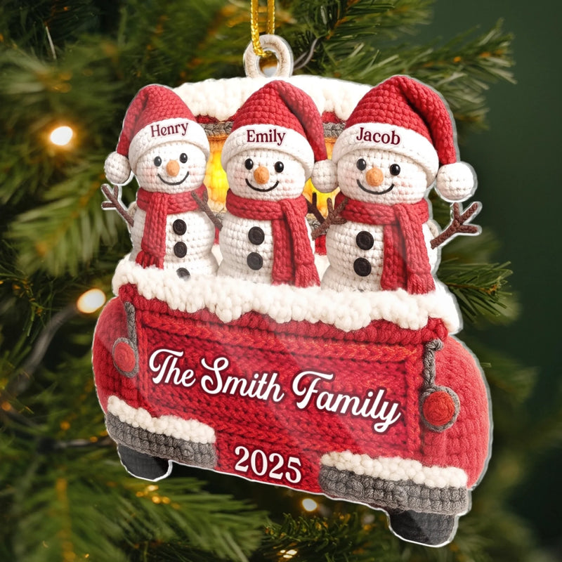 Custom Crochet Snowman Acrylic Ornament - Personalized Christmas Birthday Gifts For Mom, Dad, Brother, Sister, Kids - Our Family Our Treasure