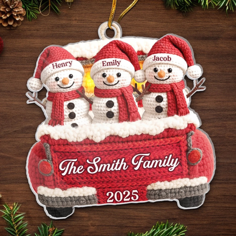Custom Crochet Snowman Acrylic Ornament - Personalized Christmas Birthday Gifts For Mom, Dad, Brother, Sister, Kids - Our Family Our Treasure