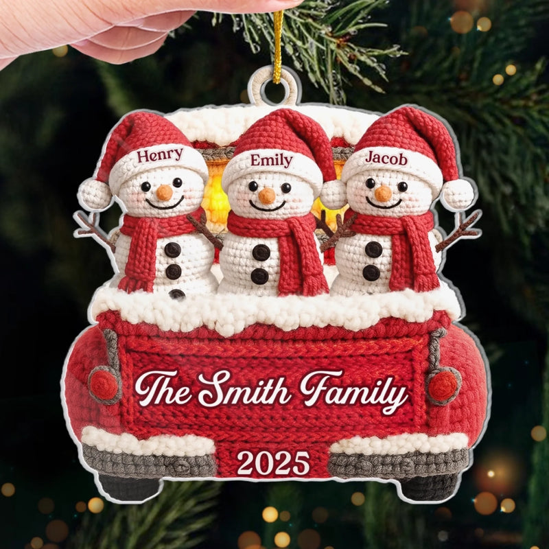 Custom Crochet Snowman Acrylic Ornament - Personalized Christmas Birthday Gifts For Mom, Dad, Brother, Sister, Kids - Our Family Our Treasure