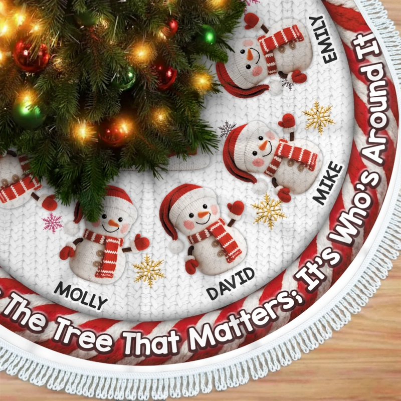 Custom Crochet Snowman Tree Skirt - Personalized Christmas Birthday Gifts For Mom, Dad, Brother, Sister, Kids - Our Christmas Our Story