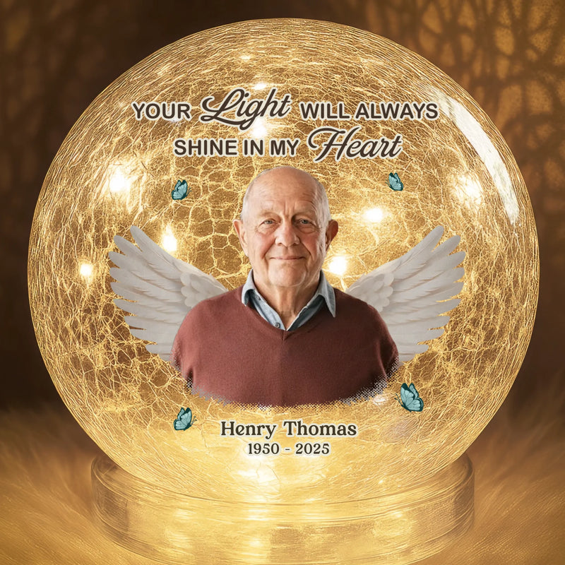 Custom Photo Crackle Glass LED Ball - Personalized Christmas Memorial Sympathy Gifts For Loss Of Mom, Dad - Your Love Stays Here