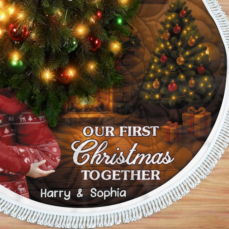 Custom First Christmas Tree Skirt - Personalized Anniversary Christmas Wedding Gifts For Husband And Wife, Him And Her - Our Love Glows Like Christmas Lights