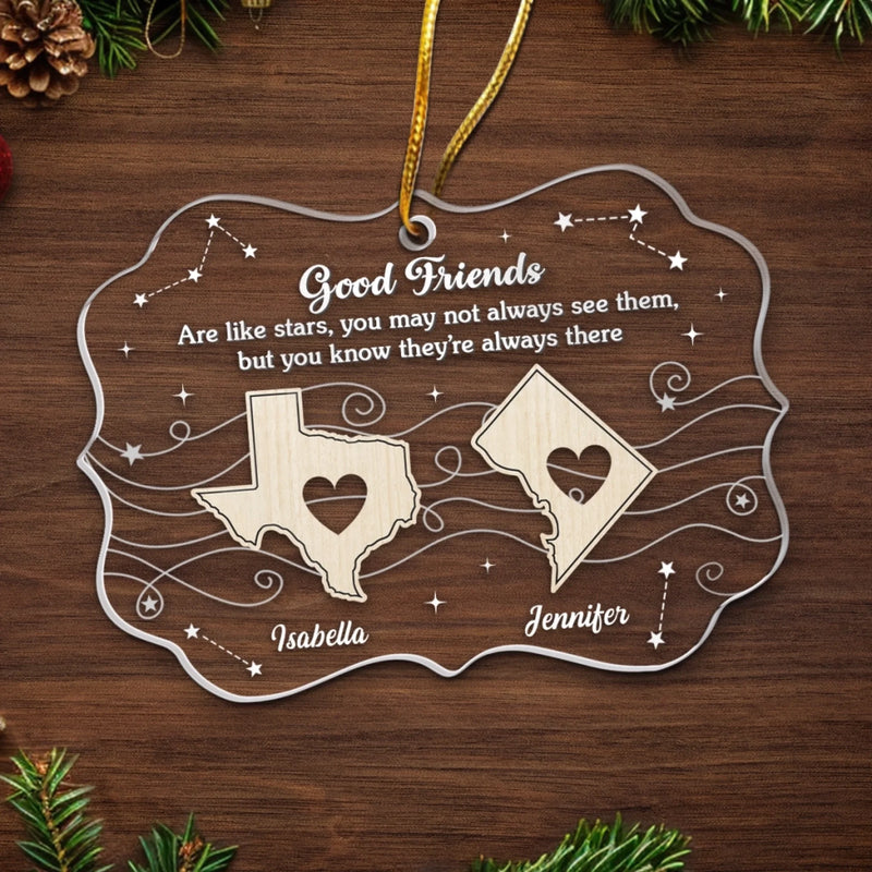 Custom Long Distance Acrylic Ornament - Personalized Best Friend Christmas Birthday Gifts For Women, Besties, Sisters, BFF - Apart By Miles Bound By Love