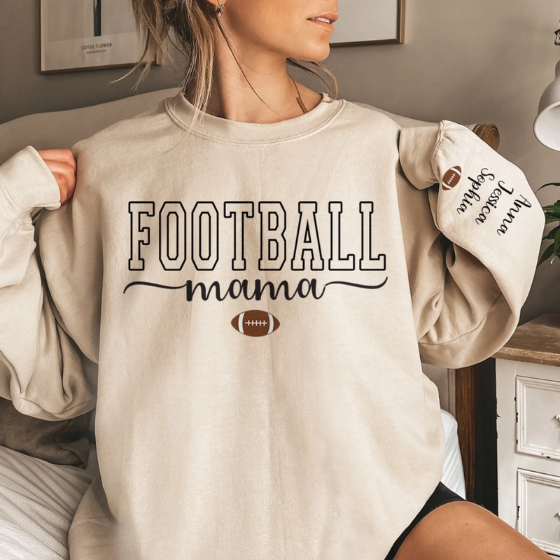 Custom Football Mama Unisex Sweatshirt, Hoodie With Design On Sleeve Personalized Birthday Football Gifts For Mom, Football Lovers, NFL Fans, Sport Lovers - Football Mama with Kids Name