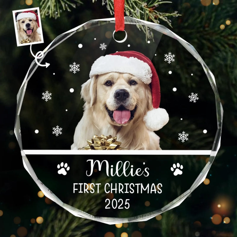 Custom Photo First Christmas Pet Glass Ornament - Personalized Christmas Birthday Gifts For Dog Lovers, Cat Lovers, Pet Dad And Mom, New Pet Ornament - New Paws New Joy