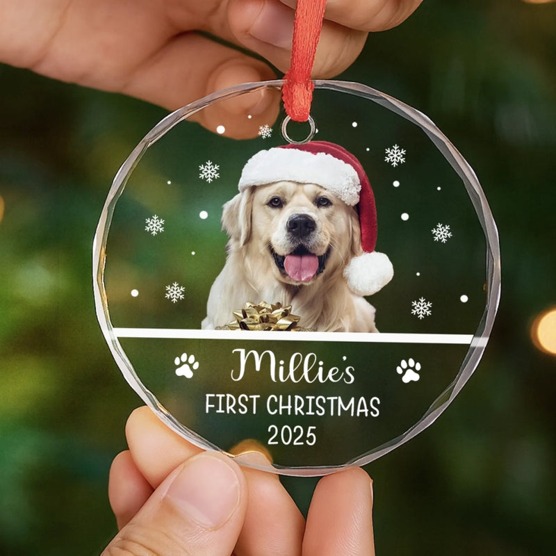 Custom Photo First Christmas Pet Glass Ornament - Personalized Christmas Birthday Gifts For Dog Lovers, Cat Lovers, Pet Dad And Mom, New Pet Ornament - New Paws New Joy
