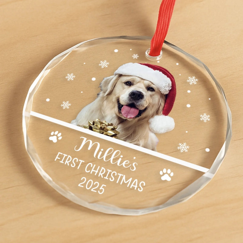 Custom Photo First Christmas Pet Glass Ornament - Personalized Christmas Birthday Gifts For Dog Lovers, Cat Lovers, Pet Dad And Mom, New Pet Ornament - New Paws New Joy