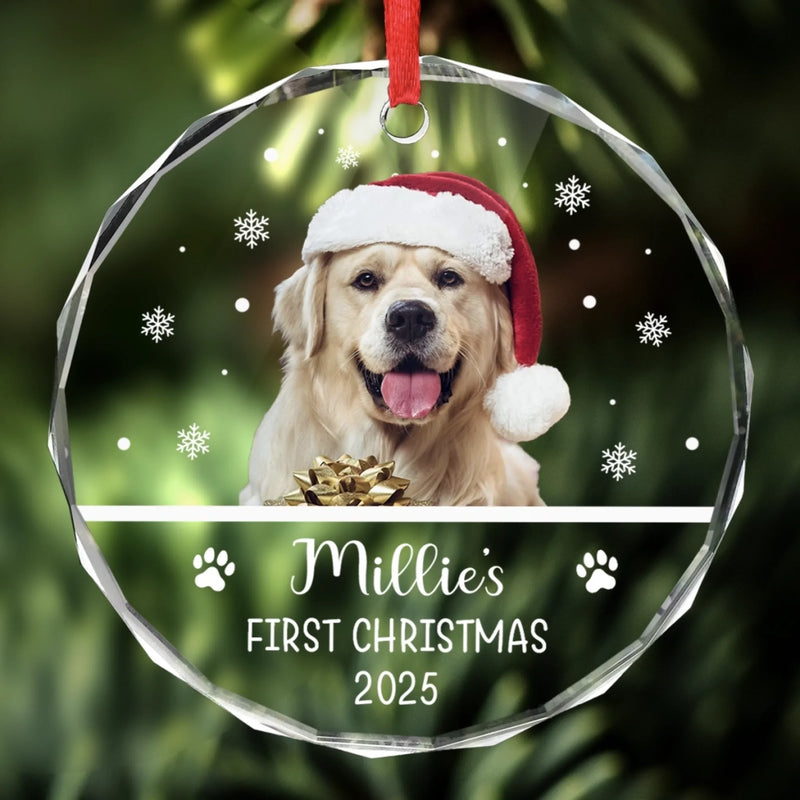 Custom Photo First Christmas Pet Glass Ornament - Personalized Christmas Birthday Gifts For Dog Lovers, Cat Lovers, Pet Dad And Mom, New Pet Ornament - New Paws New Joy