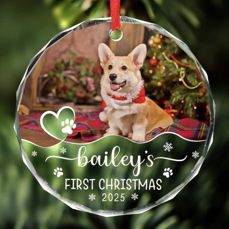 Custom Photo First Christmas Pet Glass Ornament - Personalized Christmas Birthday Gifts For Dog Lovers, Cat Lovers, Pet Dad And Mom, New Pet Ornament - Santa’s New Pup Helper