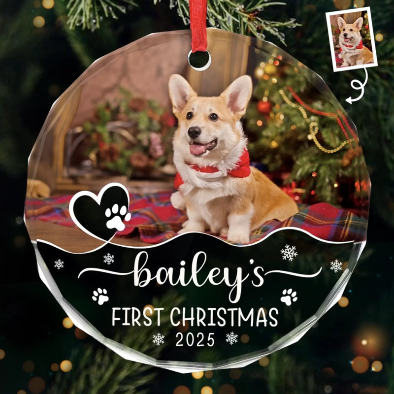 Custom Photo First Christmas Pet Glass Ornament - Personalized Christmas Birthday Gifts For Dog Lovers, Cat Lovers, Pet Dad And Mom, New Pet Ornament - Santa’s New Pup Helper