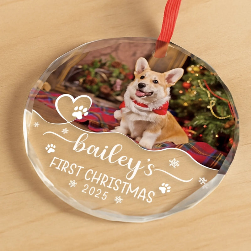 Custom Photo First Christmas Pet Glass Ornament - Personalized Christmas Birthday Gifts For Dog Lovers, Cat Lovers, Pet Dad And Mom, New Pet Ornament - Santa’s New Pup Helper