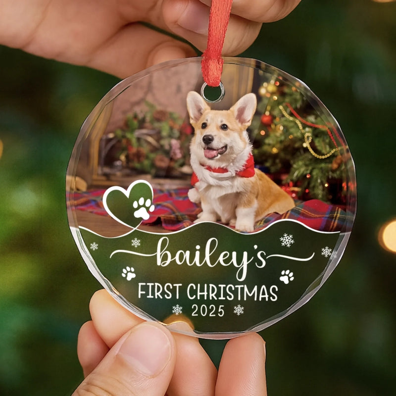 Custom Photo First Christmas Pet Glass Ornament - Personalized Christmas Birthday Gifts For Dog Lovers, Cat Lovers, Pet Dad And Mom, New Pet Ornament - Santa’s New Pup Helper