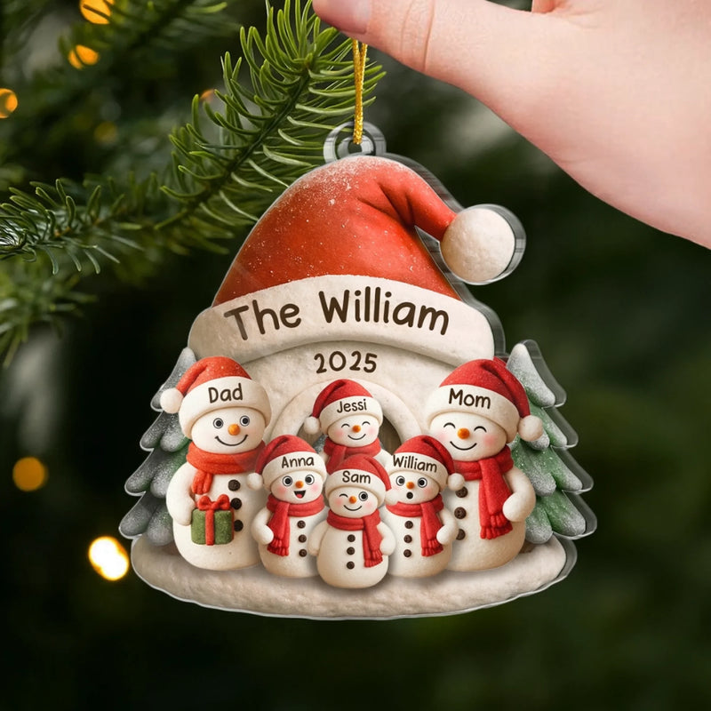 Custom Snowman Family Acrylic Ornament - Personalized Christmas Birthday Gifts For Mom, Dad, Brother, Sister, Kids - Love Melts The Coldest Snow