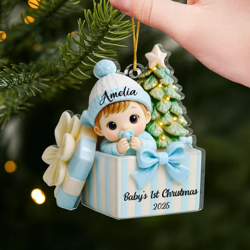 Custom First Christmas Acrylic Ornament - Personalized Christmas Baby Shower, Gender Reveal Gifts For New Moms, New Dads, New Parents - Joy Wrapped In Love