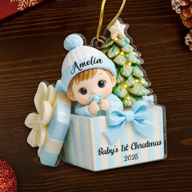 Custom First Christmas Acrylic Ornament - Personalized Christmas Baby Shower, Gender Reveal Gifts For New Moms, New Dads, New Parents - Joy Wrapped In Love