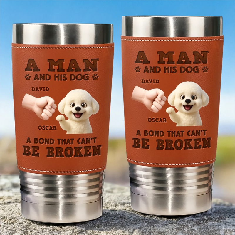 Custom Printed Leather Tumbler - Personalized Birthday Gifts For Dog Lovers, Dog Dad And Mom - Happiness Is A Wag