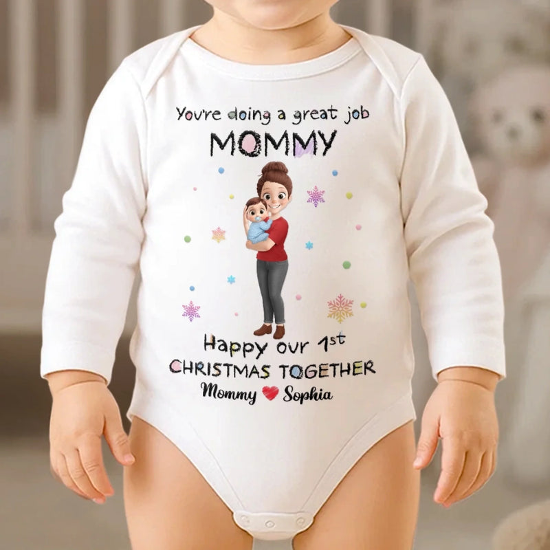 Custom First Christmas Long Sleeve Baby Onesie - Personalized Christmas Baby Shower, Gender Reveal Gifts For New Moms, New Dads, New Parents - Tiny Hands Big Love