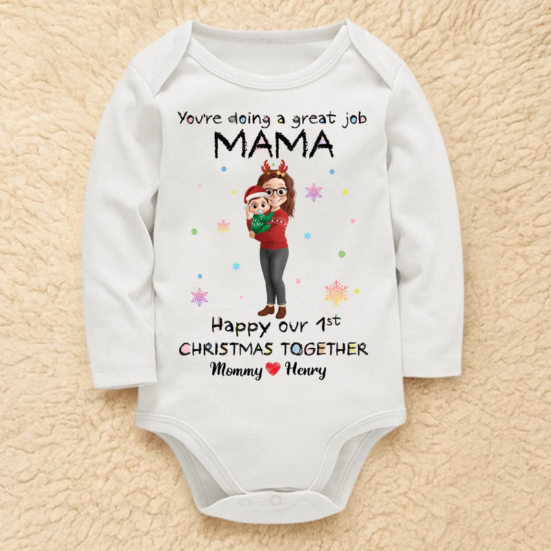 Custom First Christmas Long Sleeve Baby Onesie - Personalized Christmas Baby Shower, Gender Reveal Gifts For New Moms, New Dads, New Parents - Tiny Hands Big Love