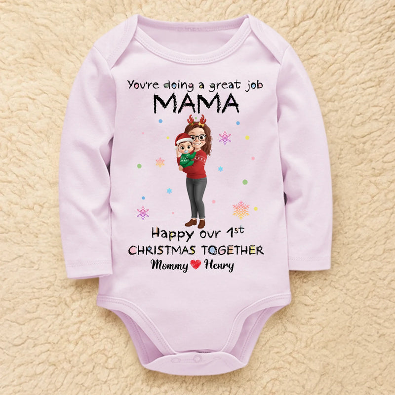 Custom First Christmas Long Sleeve Baby Onesie - Personalized Christmas Baby Shower, Gender Reveal Gifts For New Moms, New Dads, New Parents - Tiny Hands Big Love