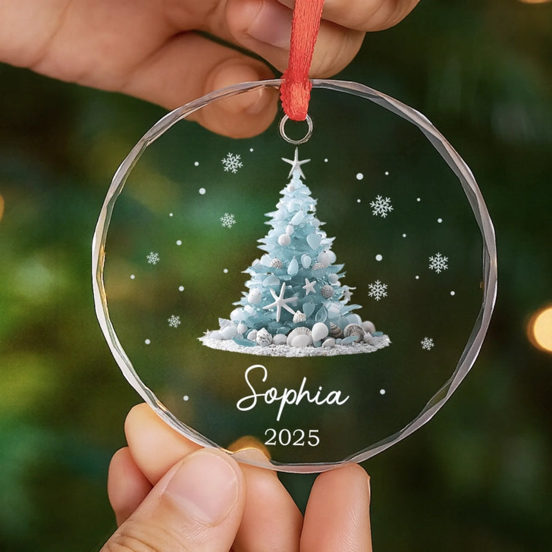 Custom Sea Glass Circle Glass Ornament - Personalized Christmas Birthday Gifts For Mom, Dad, Brother, Sister, Kids, Beach Lovers - Sandy Toes Christmas Joy