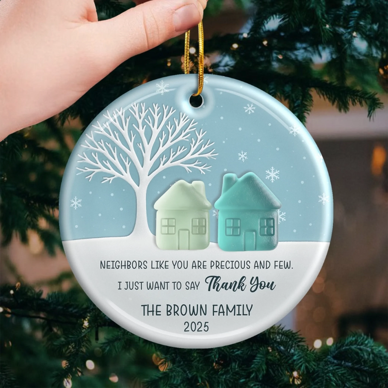 Custom Sea Glass Circle Ceramic Ornament - Personalized Best Friend Christmas Birthday Appreciation Gifts For Friendship, Neighbors, Neighbours, Beach Lovers - Warm Wishes Over The Fence