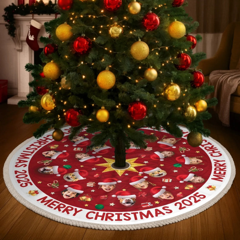 Custom Photo Tree Skirt - Personalized Christmas Birthday Gifts For Family, Dog Cat Lovers - Festive Faces, Furry Places