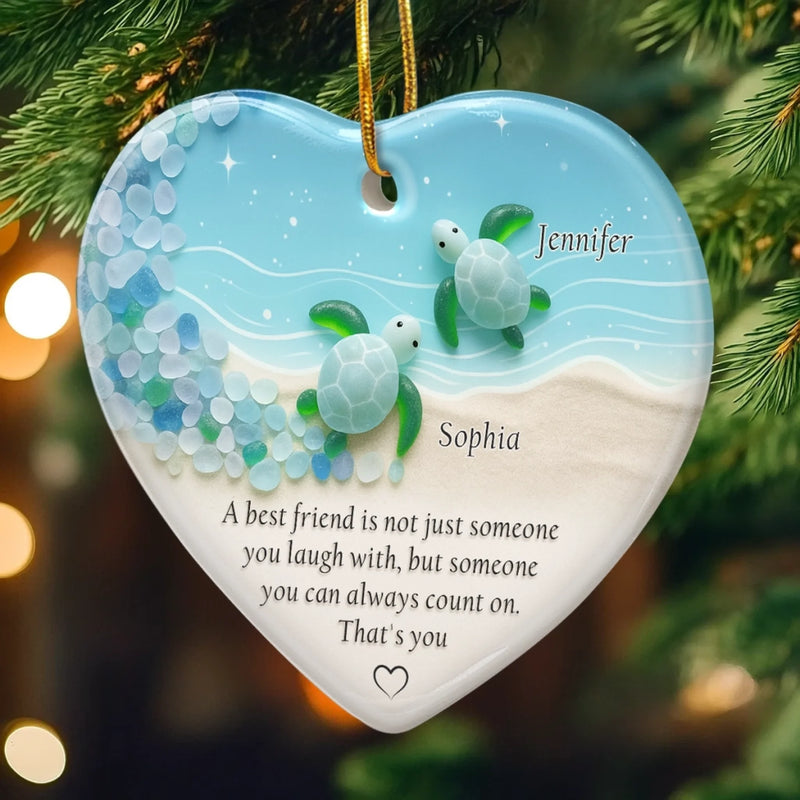 Custom Sea Glass Ceramic Heart Ornament - Personalized Best Friend Christmas Birthday Gifts For Women, Besties, Sisters, BFF - Friends Through Every Tide