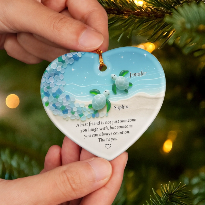 Custom Sea Glass Ceramic Heart Ornament - Personalized Best Friend Christmas Birthday Gifts For Women, Besties, Sisters, BFF - Friends Through Every Tide