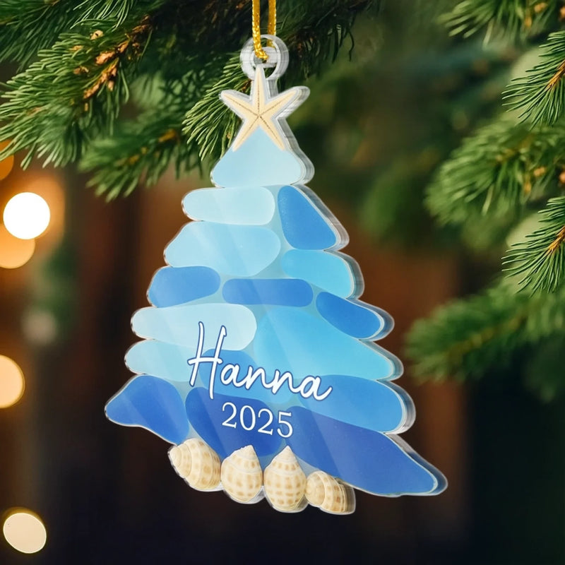Custom Sea Glass Acrylic Ornament - Personalized Personalized Christmas Birthday Gifts For Mom, Dad, Brother, Sister, Kids, Beach Lovers - Waves Of Holiday Joy