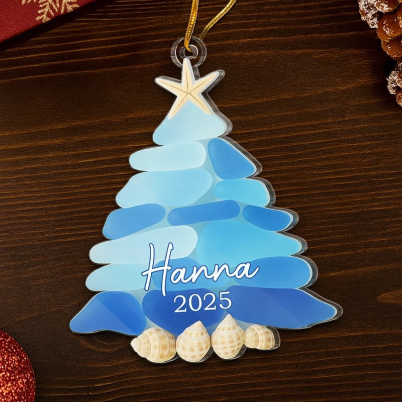 Custom Sea Glass Acrylic Ornament - Personalized Personalized Christmas Birthday Gifts For Mom, Dad, Brother, Sister, Kids, Beach Lovers - Waves Of Holiday Joy