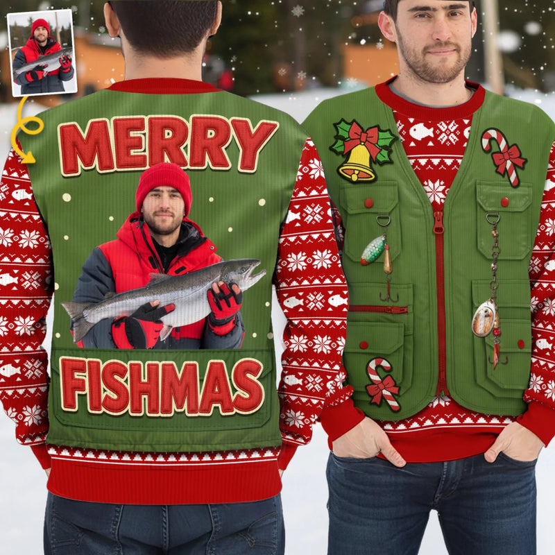 Custom Photo Unisex Ugly Sweatshirt - Personalized  Christmas Birthday Fishing Gifts For Fisherman - Santa’s Fishing Buddy Since Forever